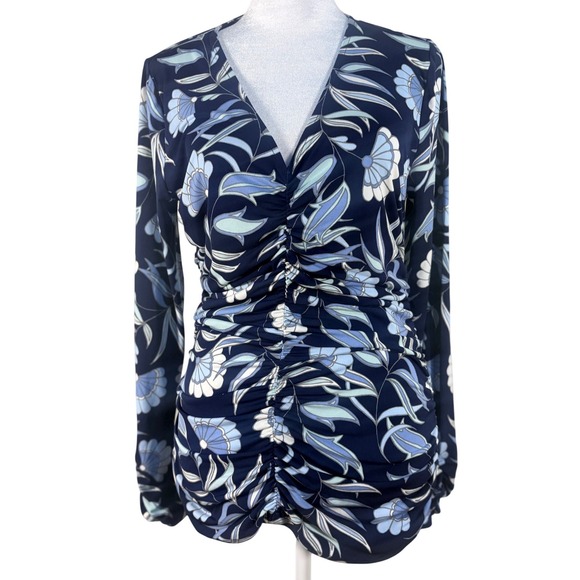 White House Black Market Tops - WHBM Floral Ruched Top Womens Size M Blue NWT Long Sleeve V-Neck Jersey